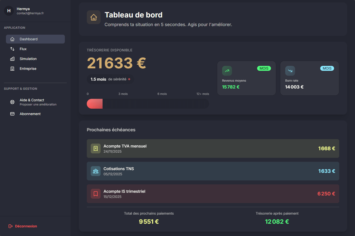 Tableau de bord freelance temps réel - Cash disponible, runway et provisions fiscales URSSAF TVA